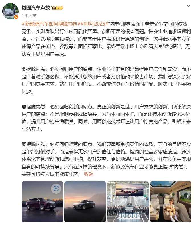 岚图汽车卢放谈新能源车内卷：应回归用户、创新与经营原点