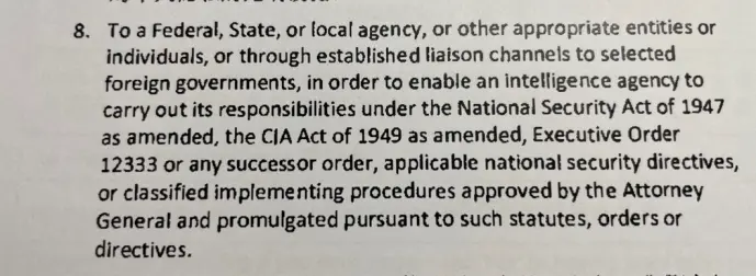 表格说明中，关于美国情报部门使用收集到的信息的“法律依据”