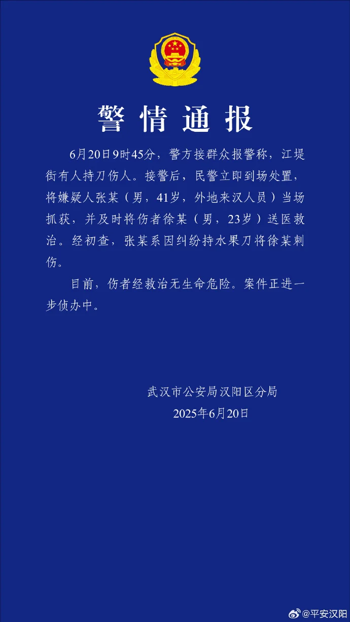 男子当街持刀伤人，武汉警方通报