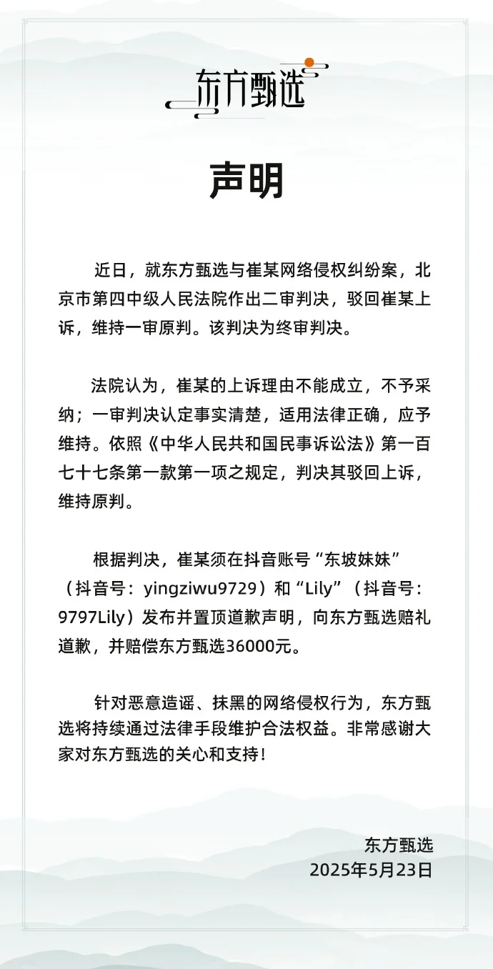 东方甄选网络侵权案终审胜诉 崔某被判赔偿36000元并公开道歉