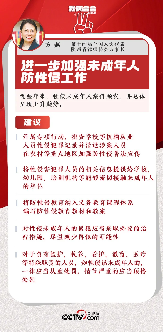 方燕代表：建议清退有性侵犯罪记录的教育从业者