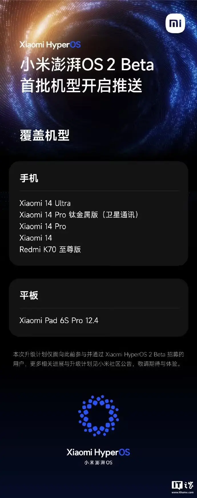 小米澎湃OS 2 Beta首批机型开启推送：含小米14系列、Redmi K70至尊版等