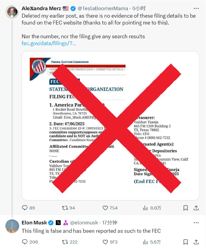 马斯克辟谣提交美国党注册文件