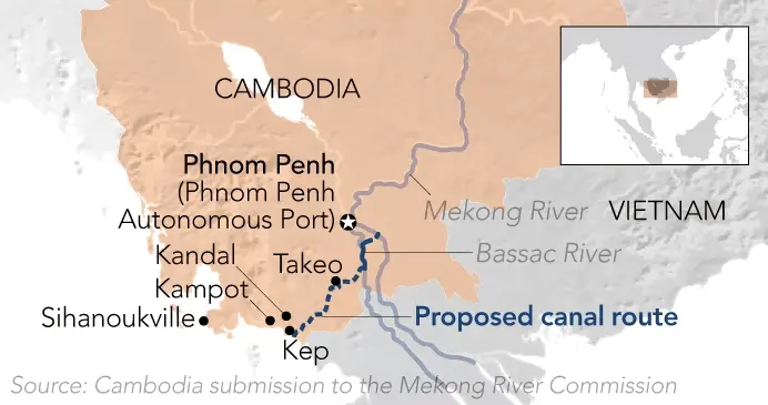 虚线处为德崇扶南运河位置示意（金融时报）