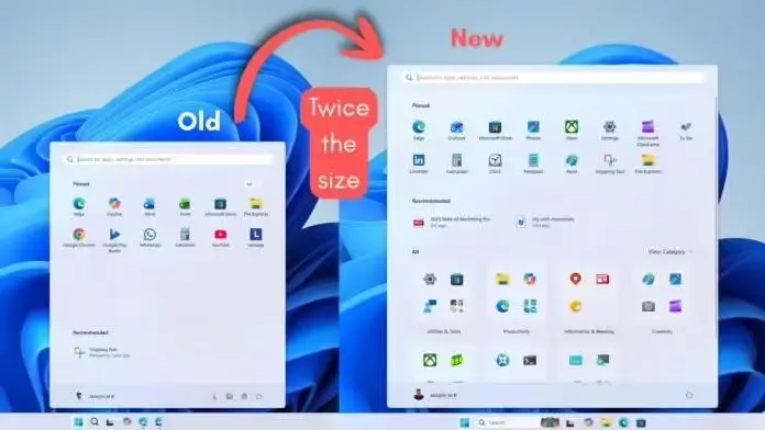 New Windows 11 Start menu is almost twice the size of old Windows 11 Start menu