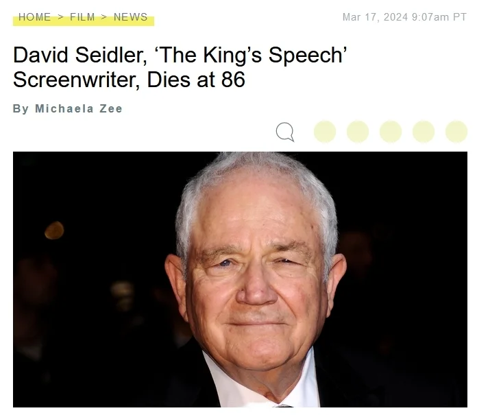 《國王的演講》編劇大衛·塞德勒去世享年86歲 曾獲奧斯卡最佳原創劇本獎