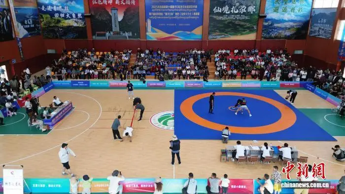 图为藏式摔跤、押加项目比赛现场(无人机照片)中新社记者 九美旦增 摄