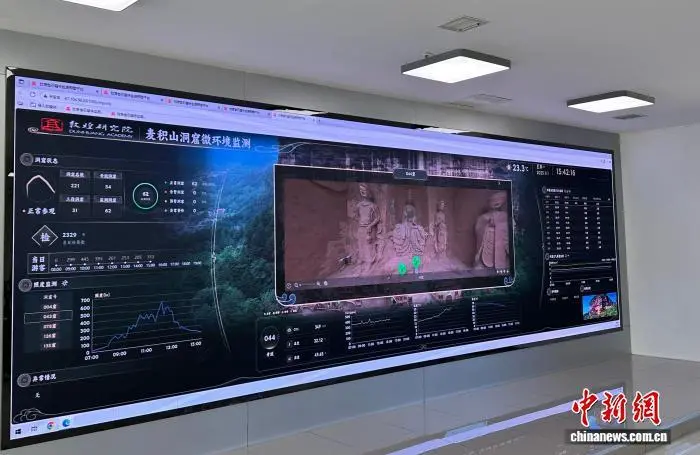 9月1日，麦积山石窟艺术研究所保护研究室内，监测预警平台正在对洞窟微环境等数据进行实时监测。丁思　摄