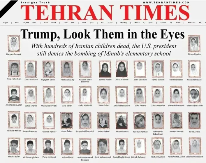 9日，《德黑兰时报》头版刊发题为“特朗普，请注视她们的眼睛”的文章。