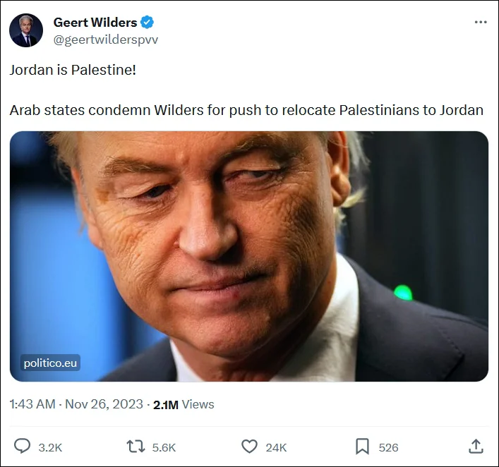 相关报道引发争议后，维尔德斯在X上转发报道并重申“约旦就是巴勒斯坦”