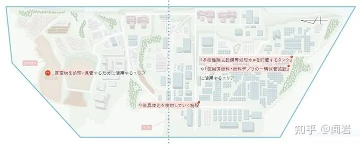 福岛核电站平面图的左侧（北侧），为预定放置从反应堆堆芯取出的放射性废渣区域。※上述两平面图均为2019年10月的状况。