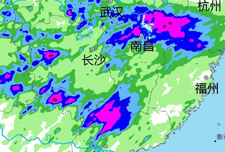 截至6月19日下午的南方暴雨情况，可见广东广西湖南江西都出现了特大暴雨