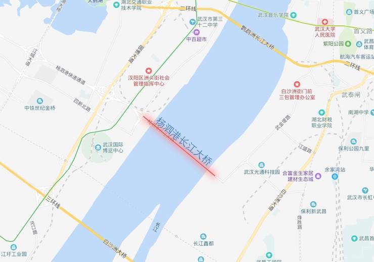 杨泗港长江大桥位于武汉白沙洲大桥和鹦鹉洲大桥之间,汉阳和武昌.