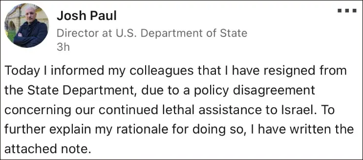 乔希·保罗在领英账号发布辞职声明