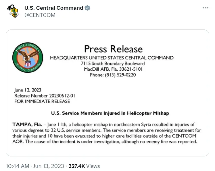 美国中央司令部在6月11日发布的声明截图