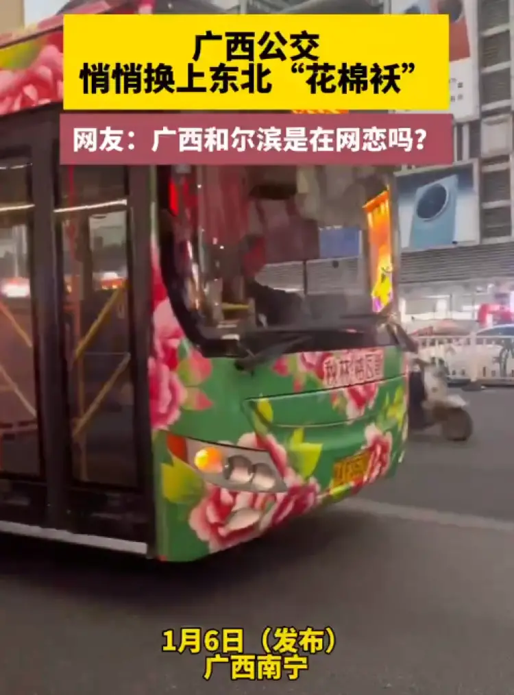 南宁的东北大花公交，坐了的请举手。/新闻视频截图