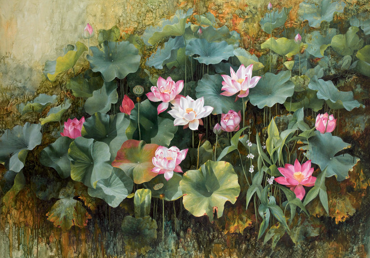 油画家吴富荣牡丹荷花油画作品欣赏