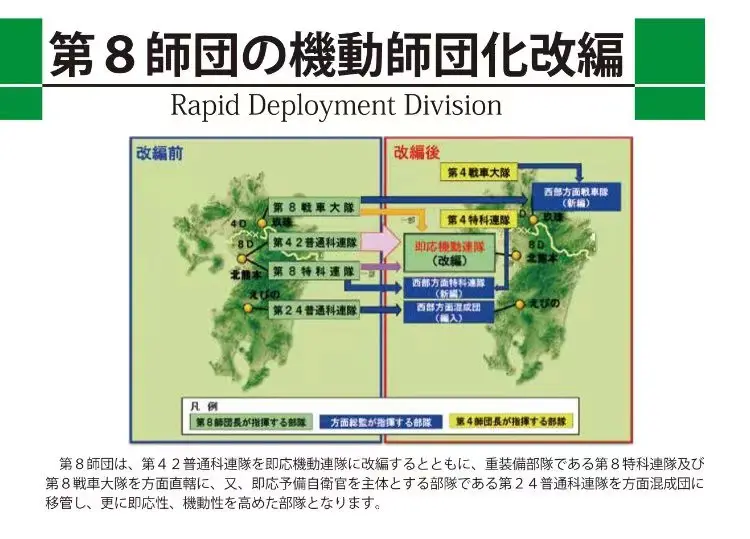 第8师团改编，以第42步兵联队（团级）为基干，抽调第8坦克大队（营级）、第8炮兵联队（团级）力量组成快反机动联队。