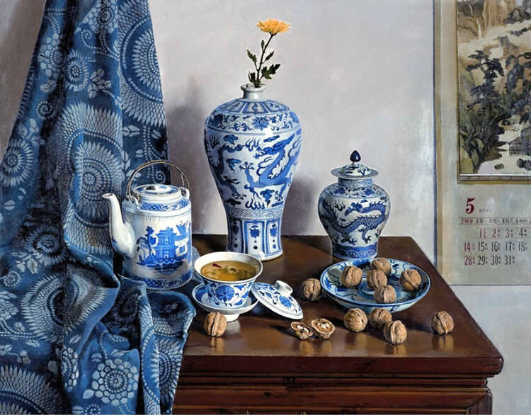 静物油画作品中的青花瓷