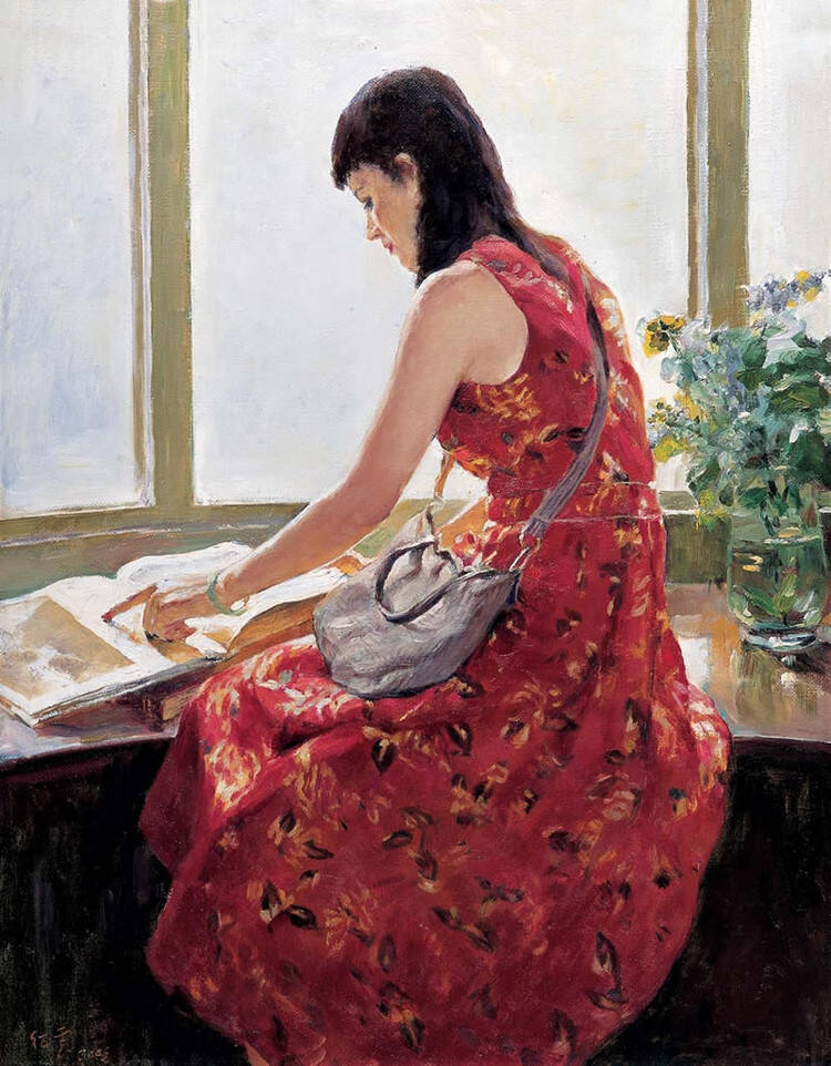 油画作品中读书的女子