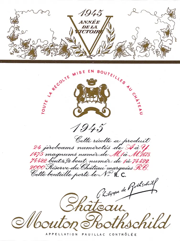△1945年，木桐酒庄设计的酒标 。（图/木桐酒庄官网）