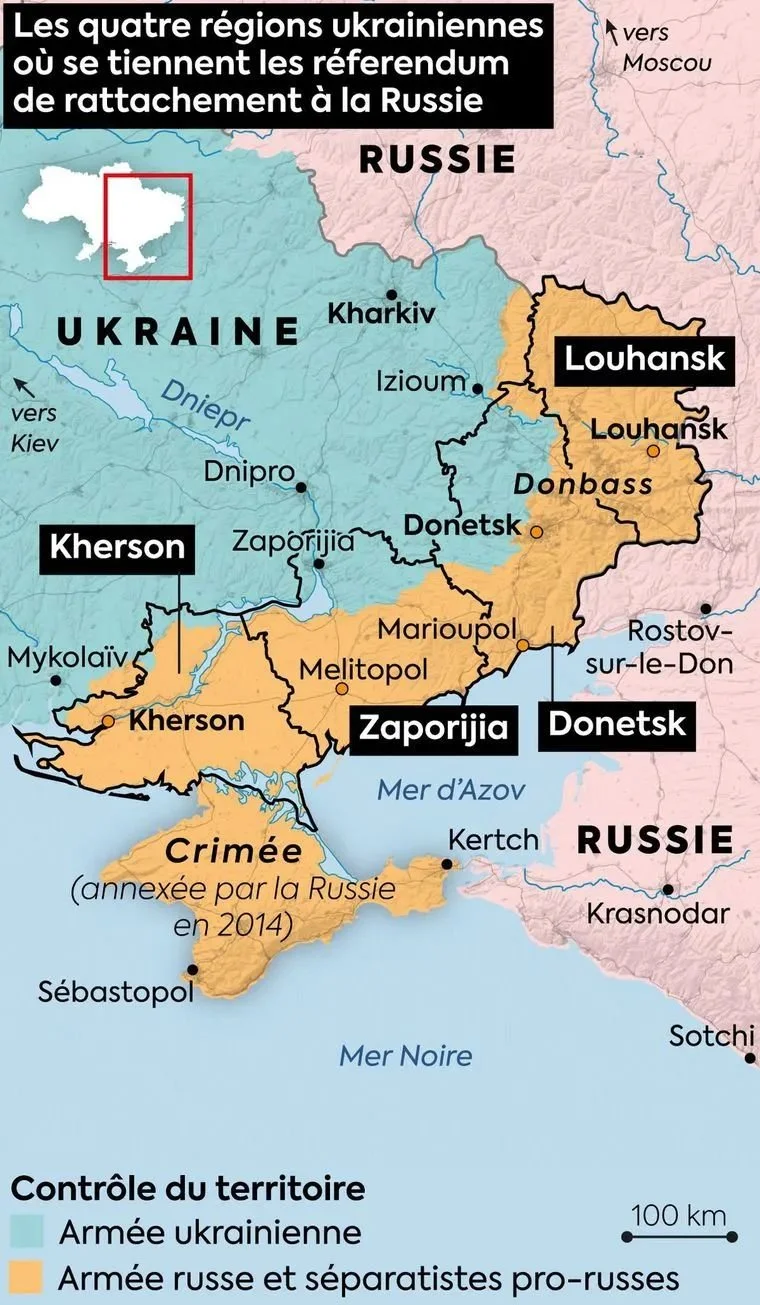 ▲ 黄色为举行“入俄公投”的四个地区。（法国《快报》报道截图）
