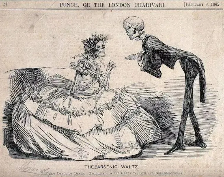 1862年刊登在英国杂志Punch上名为“砷华尔兹”的讽刺漫画，其中描绘了穿戴含砷礼服与人造花的骷髅