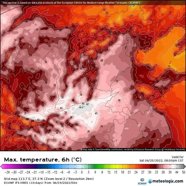 ECMWF对6月25日的高温预估，来自meteologix