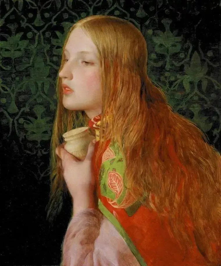 英国画家桑迪斯（Frederick Sandys）的作品《抹大拉的玛利亚》。这幅画创作于1859年，画面背景也是这个时代非常流行的绿色壁纸。