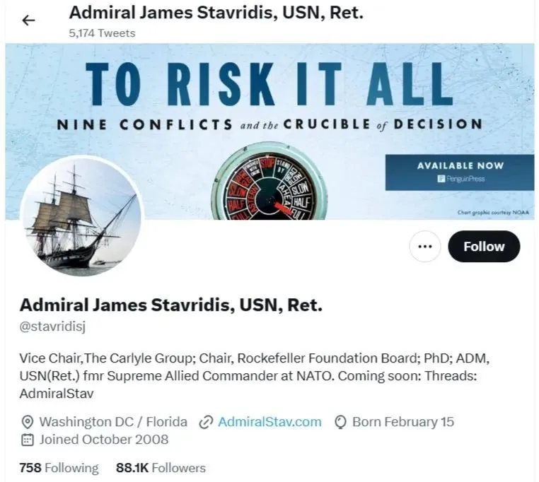 James Stavridis个人推特账号主页，显示他为退役美国海军上将。