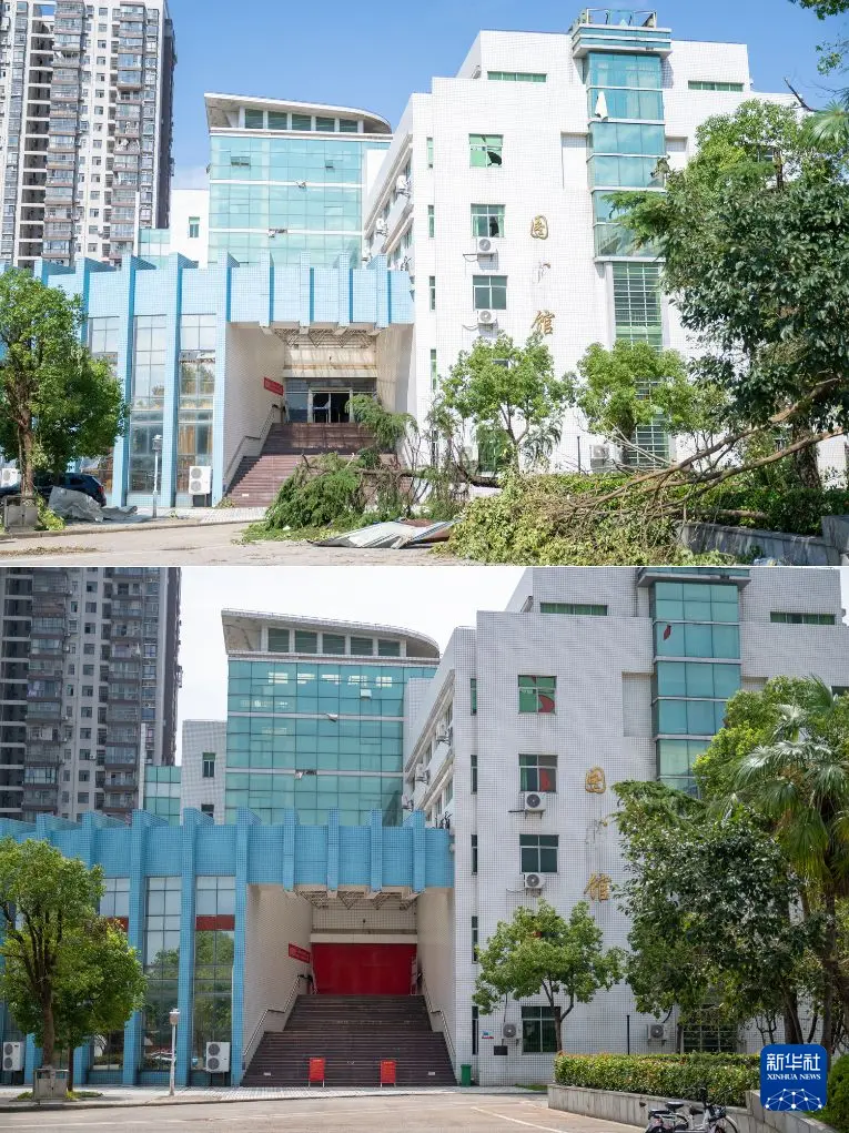 拼版照片:上图为7月8日拍摄的黄冈师范学院图书馆门口;下图为7月13日拍摄的黄冈师范学院图书馆门口。新华社记者 伍志尊 摄