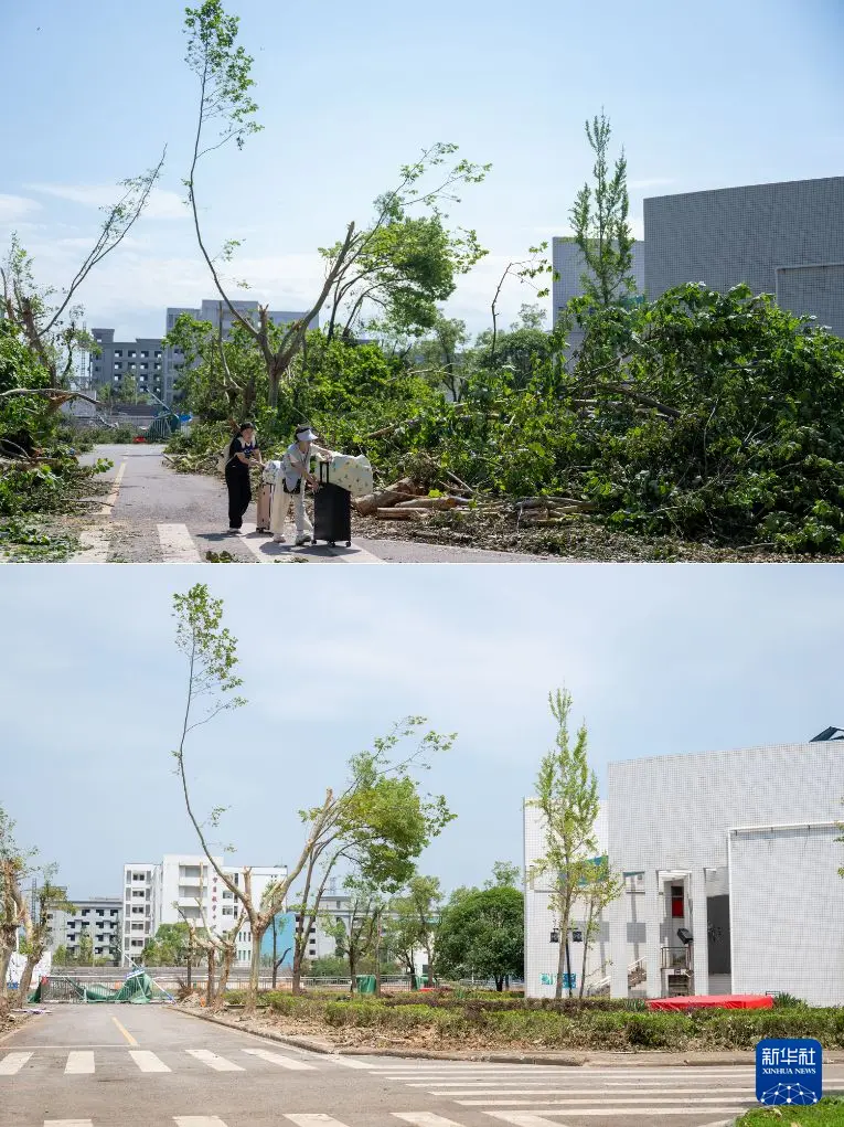 拼版照片:上图为7月8日,黄冈师范学院学生疏散离校;下图为7月13日拍摄的黄冈师范学院一角。新华社记者 伍志尊 摄
