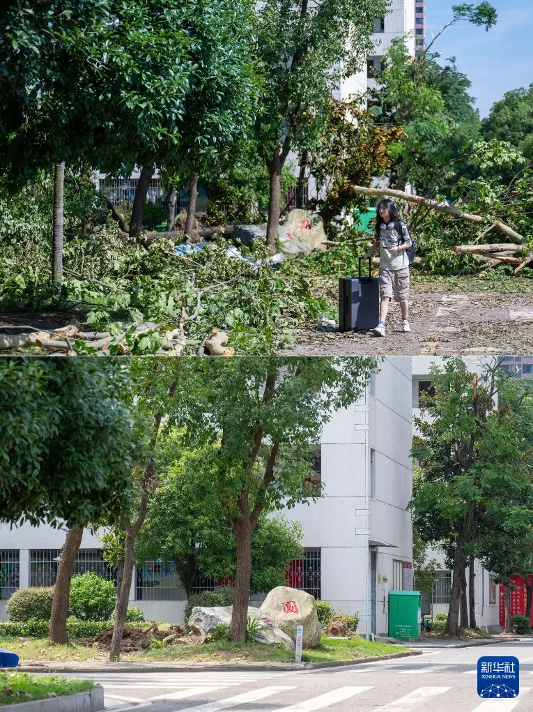 拼版照片:上图为7月8日,黄冈师范学院学生疏散离校;下图为7月13日拍摄的黄冈师范学院一角。新华社记者 伍志尊 摄
