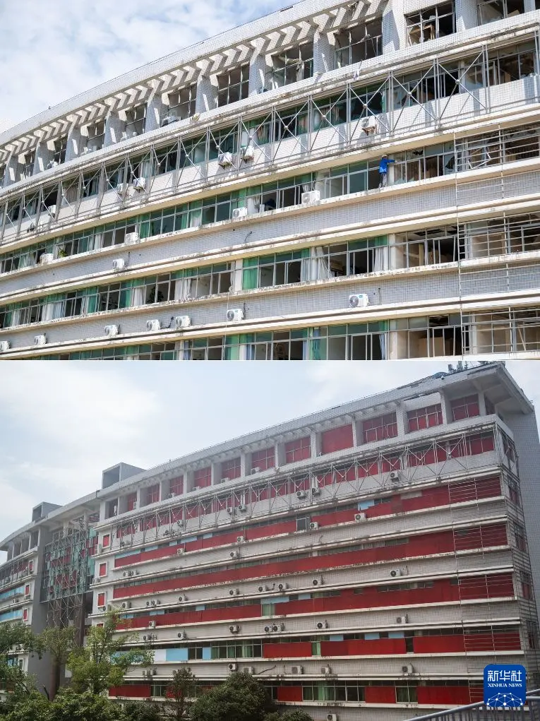 拼版照片:上图为7月8日,工作人员在黄冈师范学院清理楼栋破损的玻璃;下图为7月13日,黄冈师范学院受损楼栋玻璃门窗已采取临时封挡措施。新华社记者 伍志尊 摄