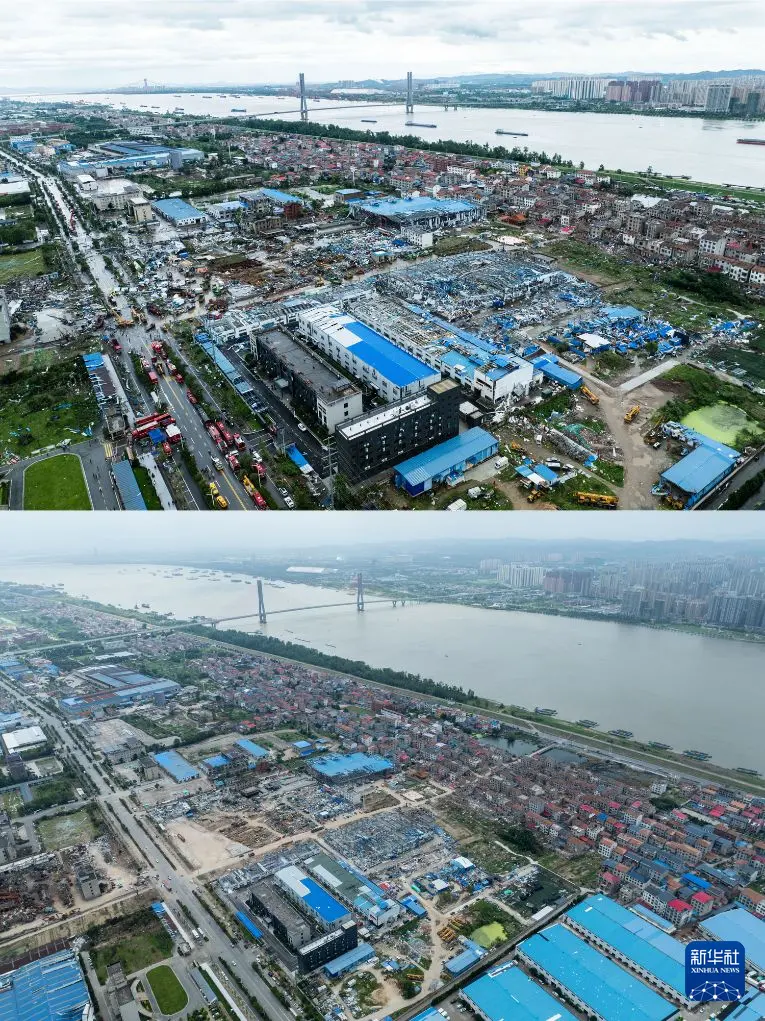 拼版照片:上图为7月7日在湖北省黄冈市黄州区拍摄的受灾物流园区现场(无人机照片);下图为7月12日在湖北省黄冈市黄州区拍摄的受灾物流园区现场(无人机照片)。新华社记者 伍志尊 摄