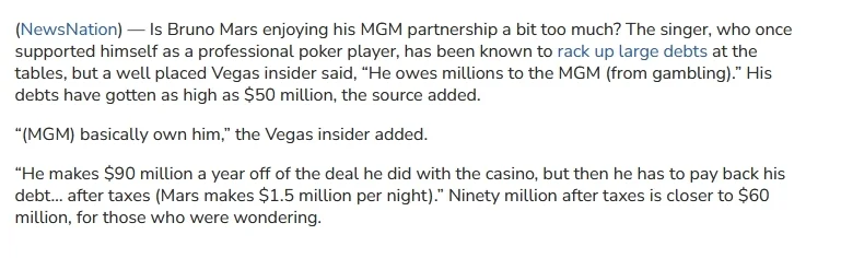 火星哥赌博欠债5000万美元 被迫与赌场签订演出合约
