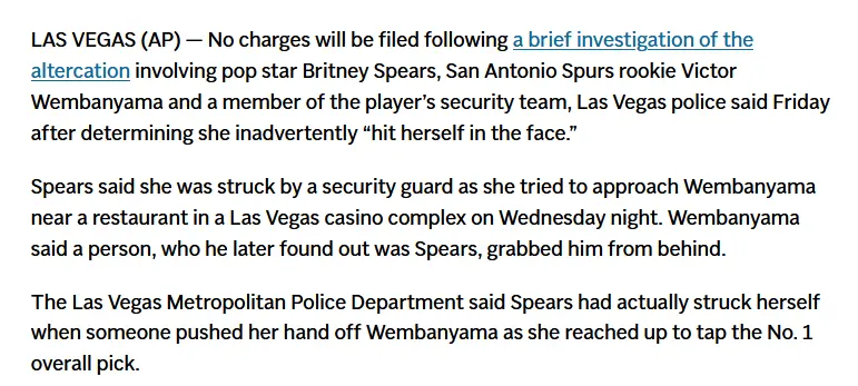 警方认定布兰妮误遭自己掌掴 表示不会起诉文班亚马和保镖