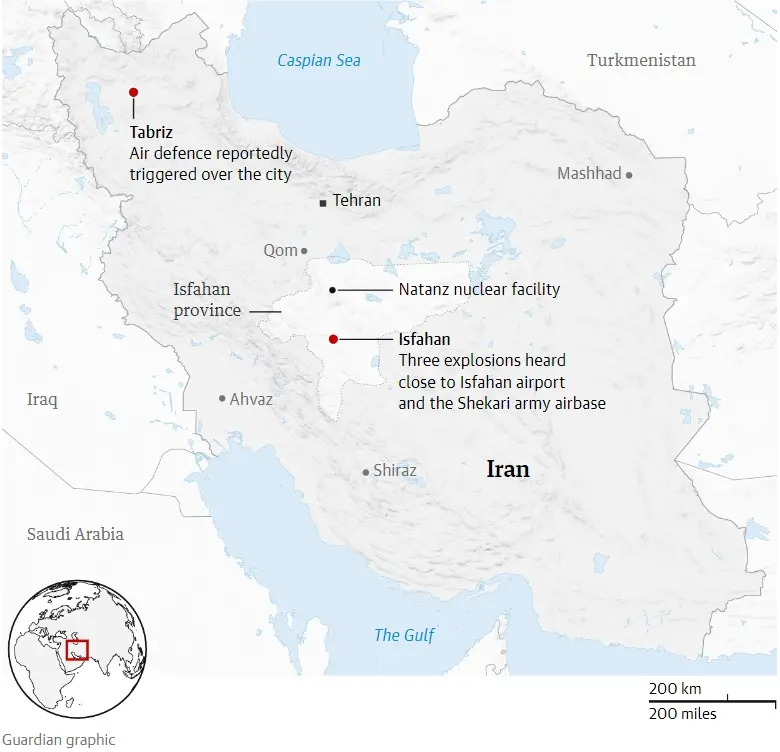 ◆伊朗被攻击地区与核设施分布图。来源：英国《卫报》