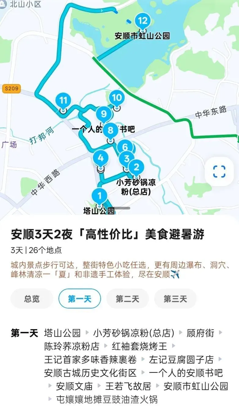 △第一日的城区游览路线。（图/腾讯地图）