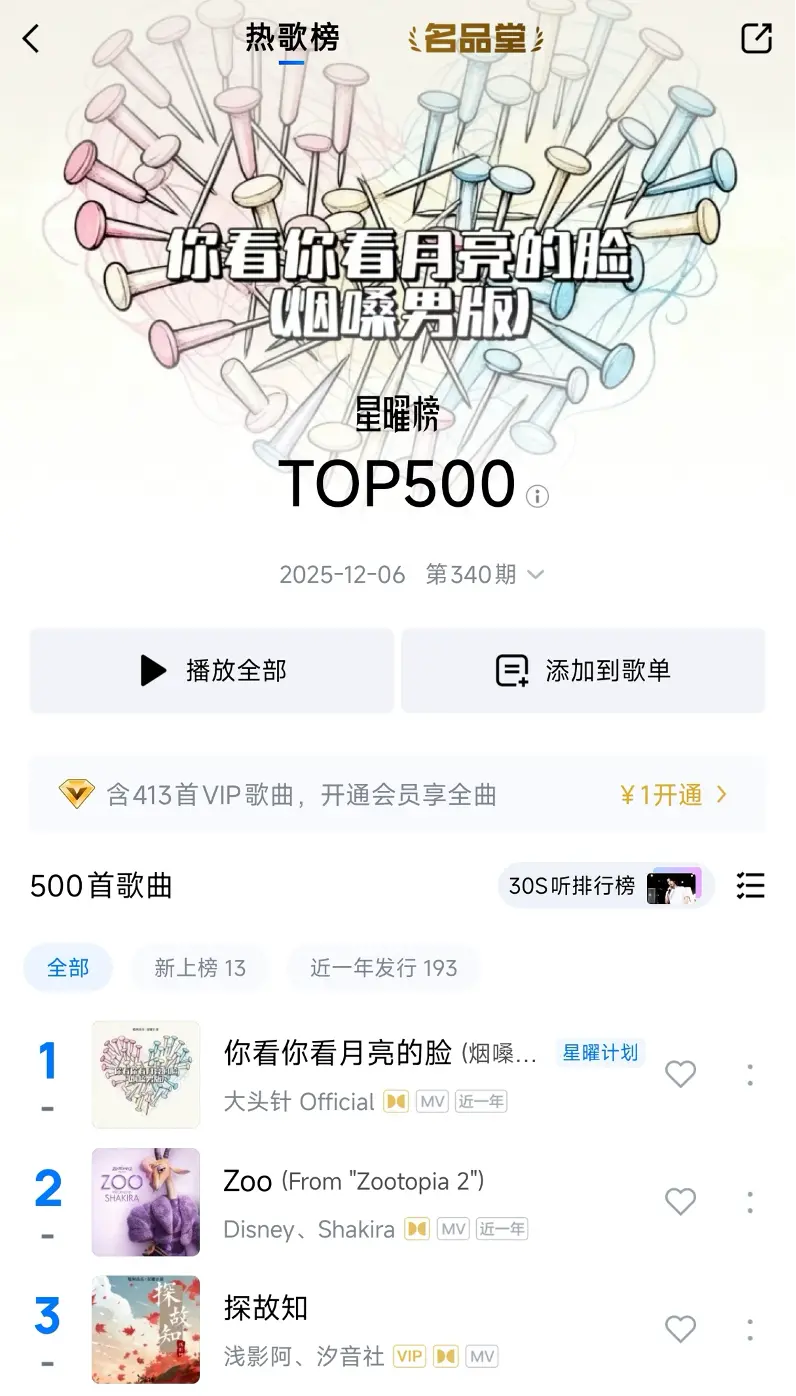酷狗音乐TOP500榜单