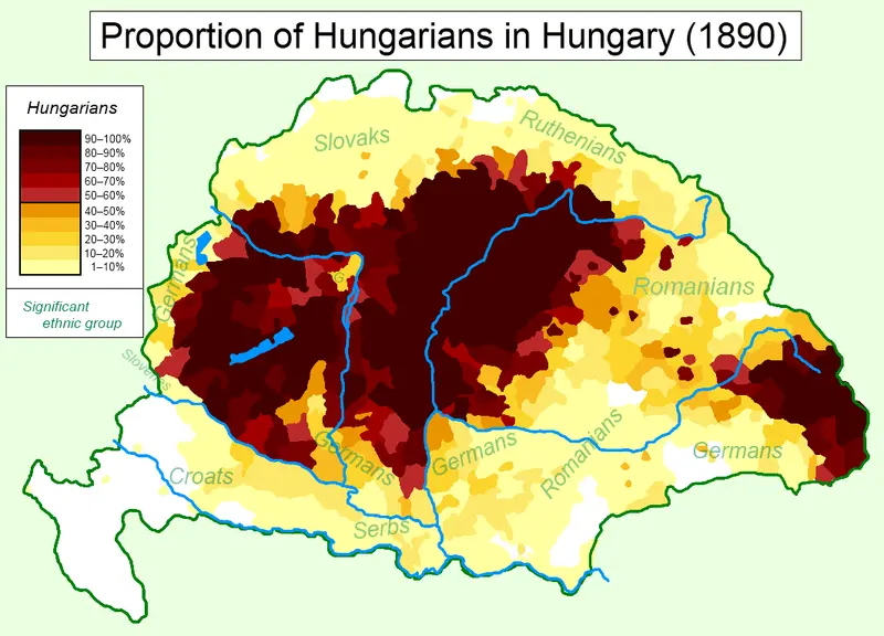 ▲1890年的匈牙利王国地图，匈牙利人聚居区为多瑙河平原