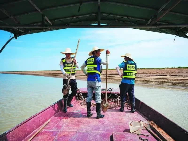 9月7日，江西都昌县，江豚救护队员站在船头寻找露出水面的河道垃圾。新京报记者 郭延冰 摄
