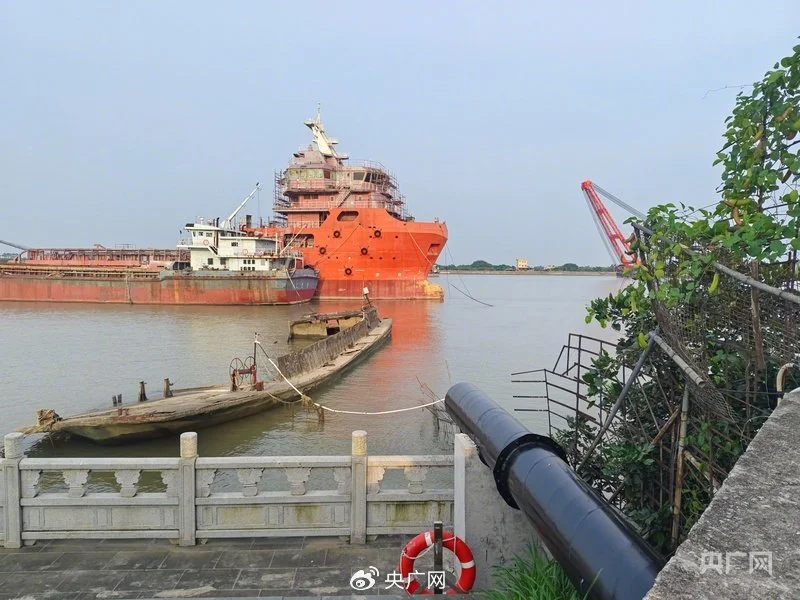 黑色排水管架设在水道护栏上（央广网记者 郑少纯 摄）