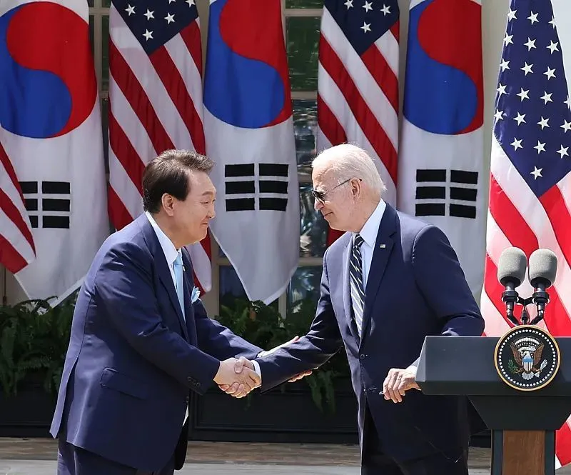 今年4月，韩国总统尹锡悦访美与美国总统拜登举行首脑会谈，双方达成《华盛顿宣言》。图源：视觉中国