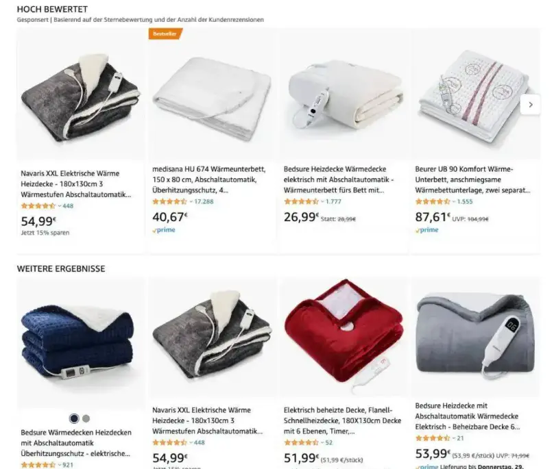 亚马逊平台上的中国产电热毯价格