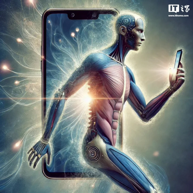 A surreal image of a smartphone gradually transforming into a person. The phone screen starts to morph into a human face with distinct features, while the body of the phone evolves into a torso with arms and legs emerging. The transformation should appear as if the phone is coming to life, with a blend of electronic and human elements. The background is abstract, with soft, glowing lights and a slightly futuristic vibe, emphasizing the merging of technology and humanity.