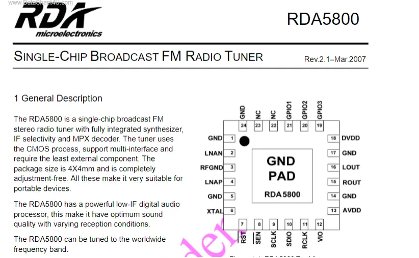 图注：2006年的锐迪科RDA5800是大陆第一颗FM集成电路SoC