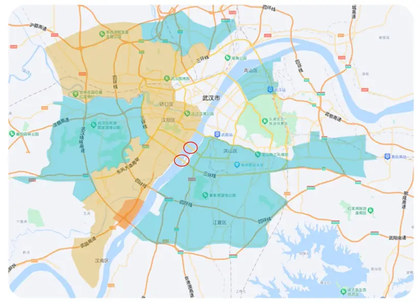 百度萝卜快跑在武汉可示范运营范围：橙色、黄色、蓝色分别为2022年、2023年、2024年2月后萝卜快跑开放运营的区域。图片/晚点Auto、百度