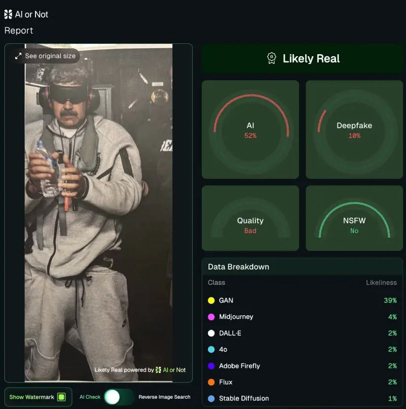 AI检测工具显示照片真实性存在不确定性