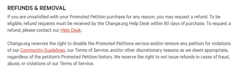 服务条款截图，显示change.org有权删除规定情况下的请愿。